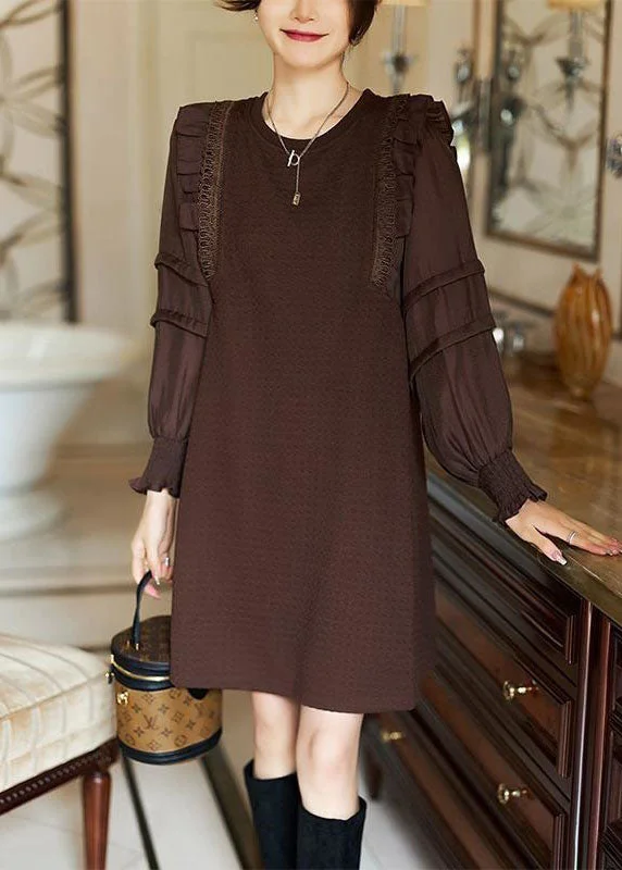 Valentine's Special Elegant Coffee O-Neck Ruffled Patchwork Cotton Dresses Spring