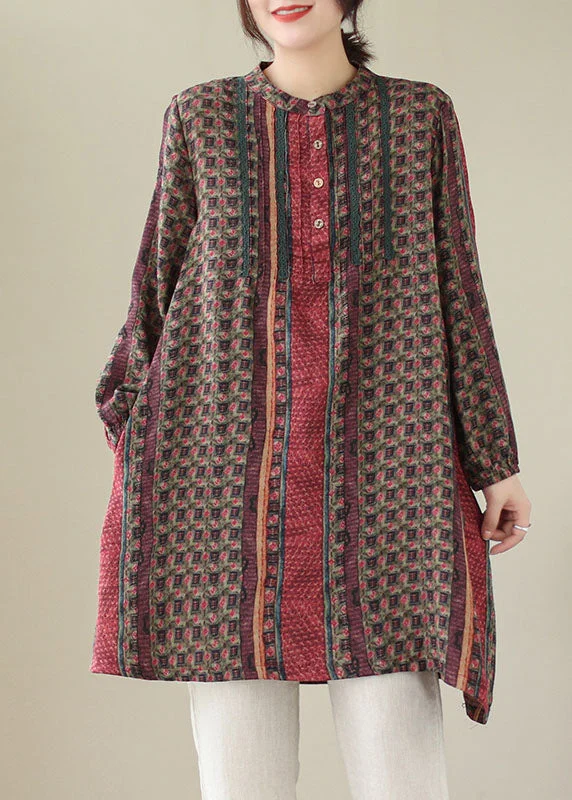 Boutique Styles Handmade Red Wrinkled Print Cotton Mid Shirts Dress Spring