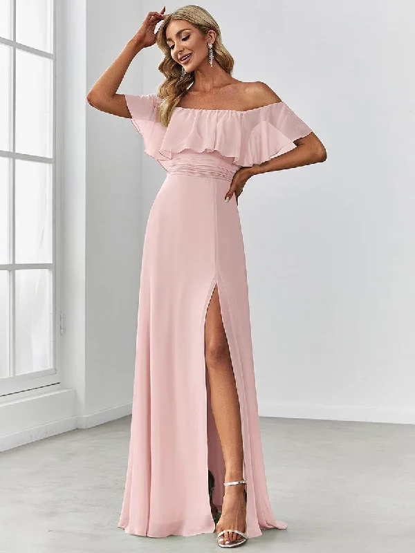 End of Season Sale Off the Shoulder Ruffle Bodice Long Flowy Chiffon Bridesmaid Dress