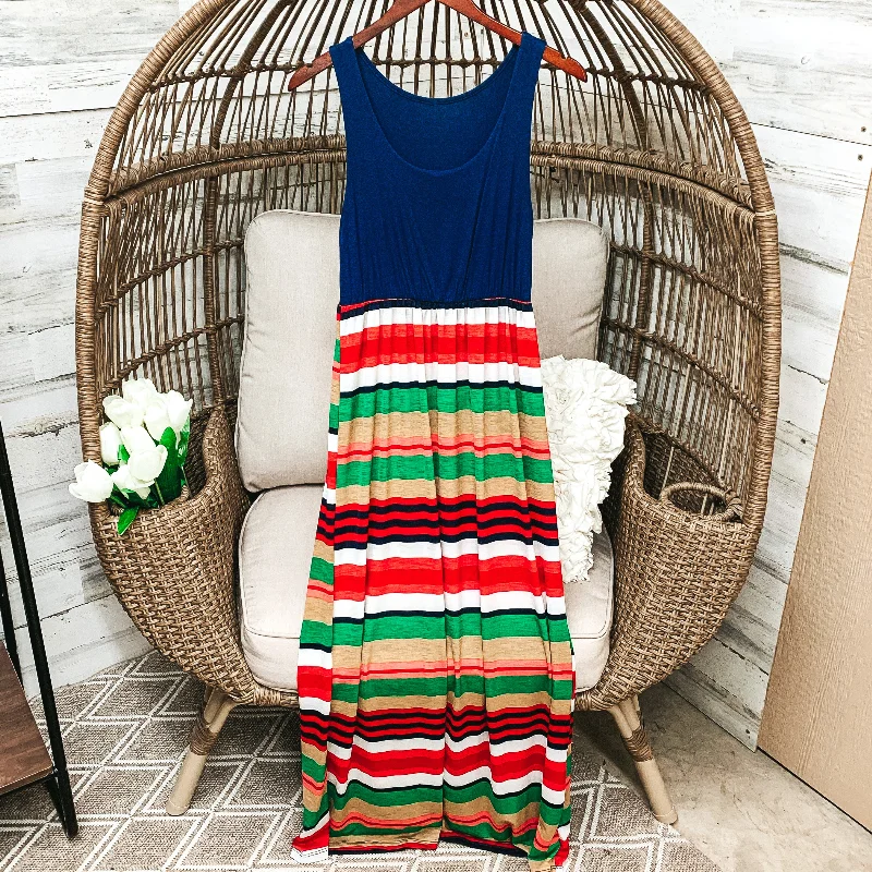 Premium Style Navy Blue Tank Maxi Dress in Multicolor Stripe Pattern