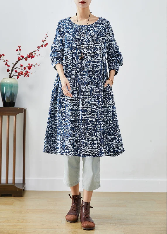 Online Boutiques Clothing Women Navy Oversized Print Linen Dress Fall