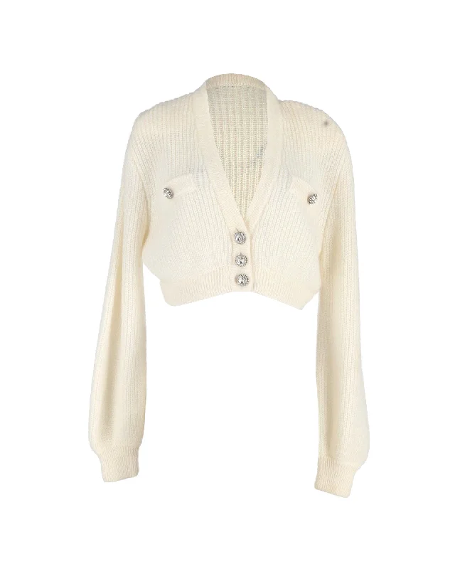 Unleash Your Trendy Side Alessandra Rich Crystal-Button Cropped Cardigan in Cream Wool