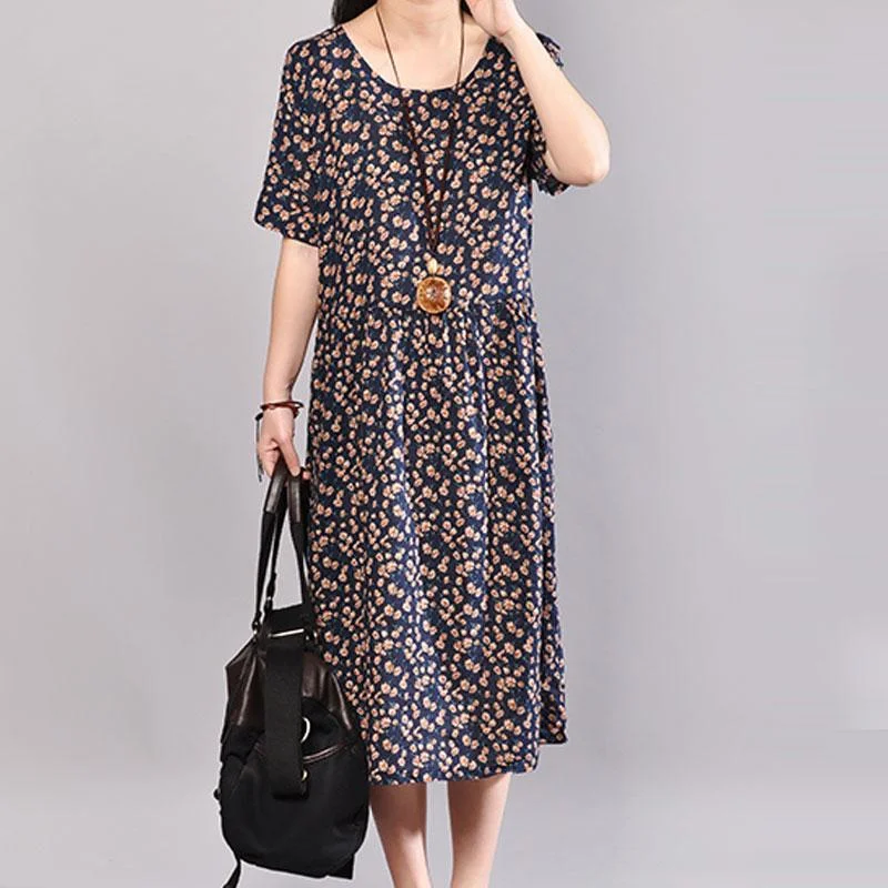 Signature Style Essentials baggy long cotton dress oversized Floral Printed Dresses Summer Round Neck Short Sleeve Dress