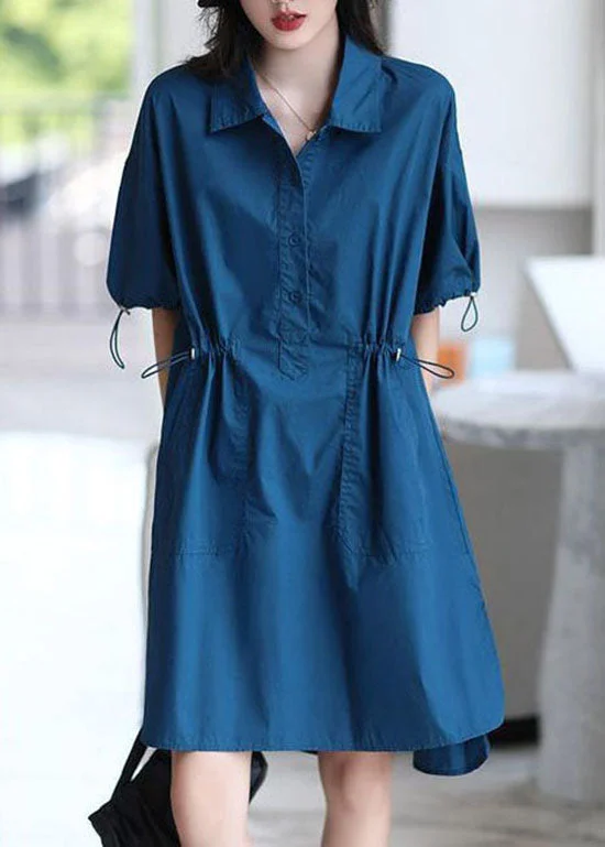 Fashion Essentials Women Blue Peter Pan Collar Patchwork Cotton Shirts Dresses Summer