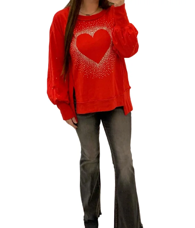 Women Clothing Rhinestone Heart Pullover In Red