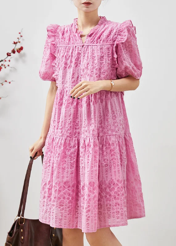 New Styles Just In Women Pink Puff Sleeve Ruffled Wrinkled Day Dress Summer