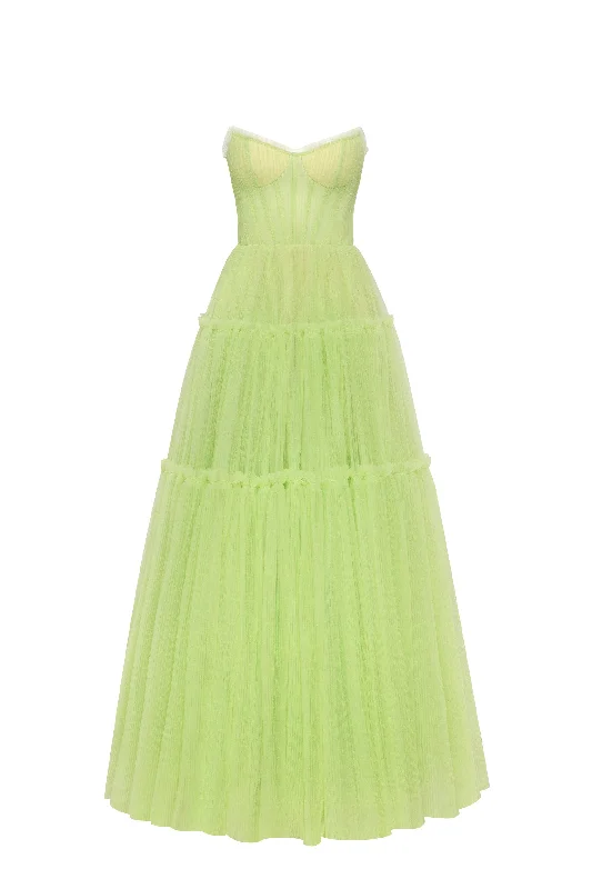 Style Revolution Light green tulle maxi dress with ruffled skirt, Garden of Eden