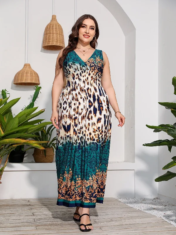 Earthy Tones KittenAlarm - Plus Size V-neck Print Maxi Dress Beach Dress