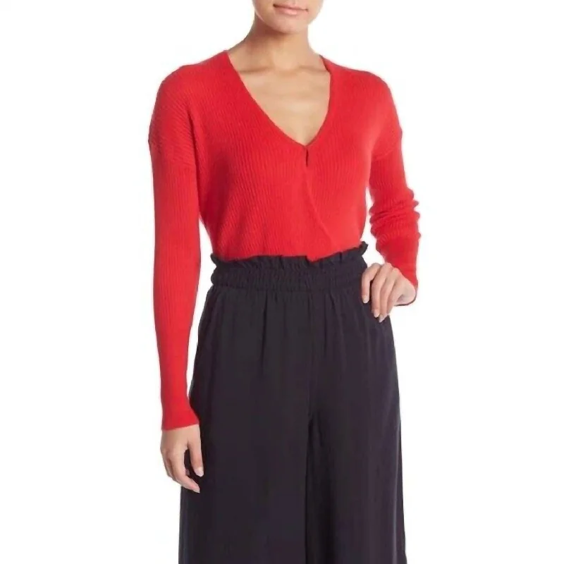 Fashionable Women's Wardrobe Knit Faux Wrap Ribbed V Neck Surplice Sweater In Red