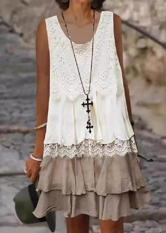 Your Timeless Wardrobe Awaits Loose White O-Neck Lace Patchwork Mid Dress Sleeveless