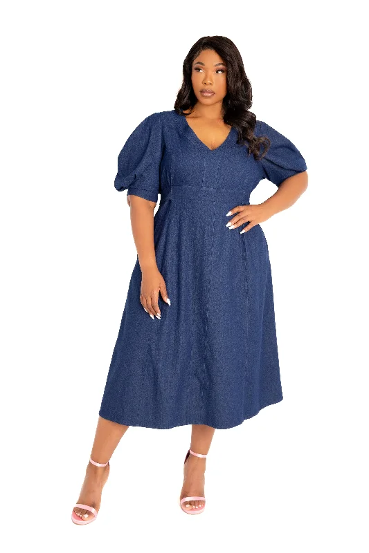 Limited Time Offer V- Neck Puff Sleeve Denim Dress