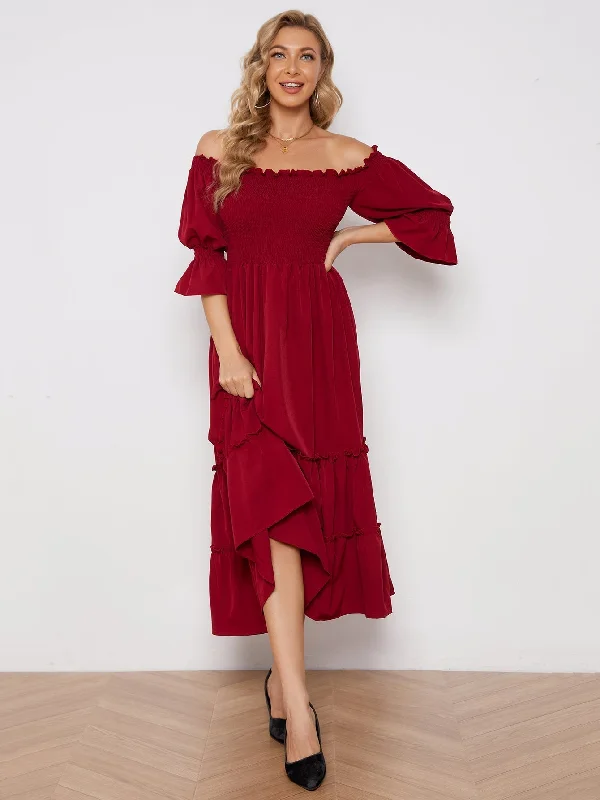 Buy More, Save More KittenAlarm - Off Shoulder Solid Color Slit Pleated Long Sleeve Dress