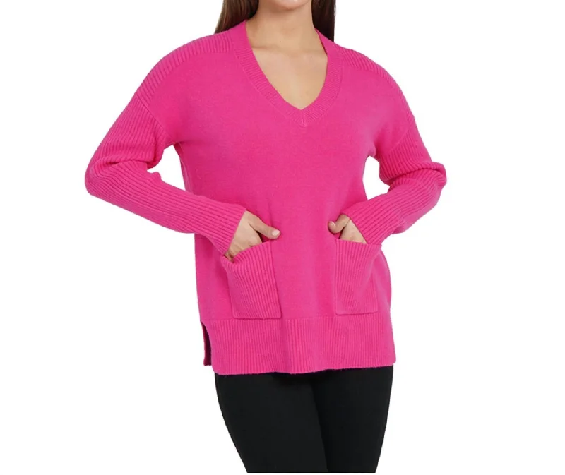 Sophisticated Outfits Patch Pocket Tunic Sweater In Hot Pink