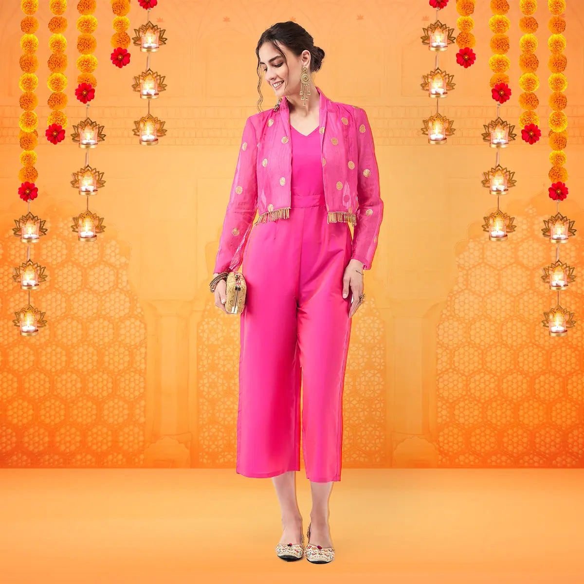 Unleash Your Style Solid Jumpsuit With Polka Tasseled Blazer