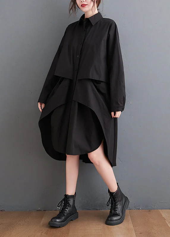 Style Revolution New Black Peter Pan Collar Button Patchwork Cotton Shirts Mid Dress Fall