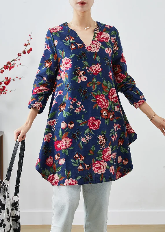 Shop Ladies Clothes Handmade Navy V Neck Print Linen A Line Dresses Fall