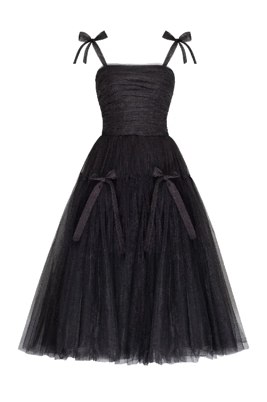 Women's Fashion Essentials Adorable midi tie-strap black tulle dress