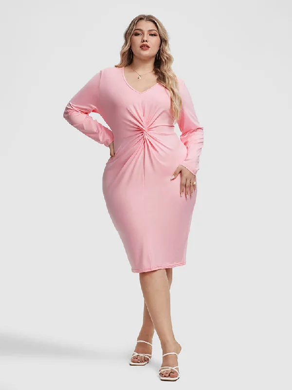 Evening Elegance Solid V Neck Twist Front Dress