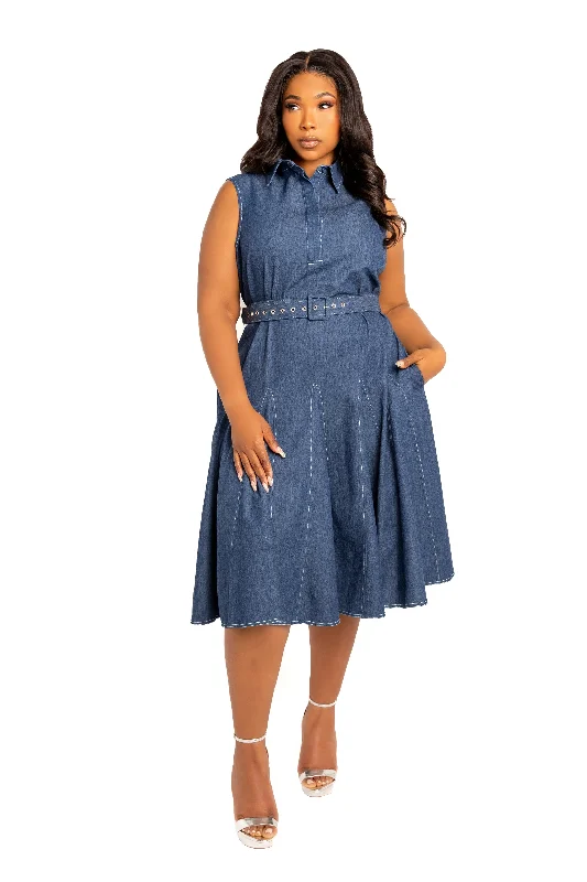 Chic Wardrobe Sleeveless Denim Shirtdress with Contrasting Stitching