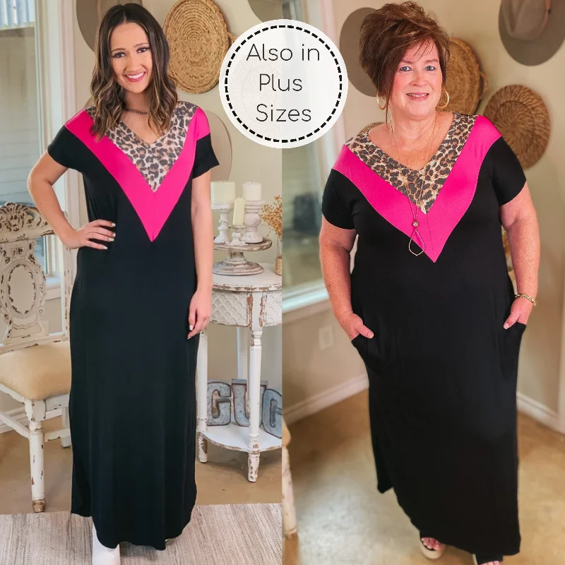 Dive Into Trendy Women's Fashion A Wild Time Leopard and Fuchsia V Neck Accent Maxi Dress in Black