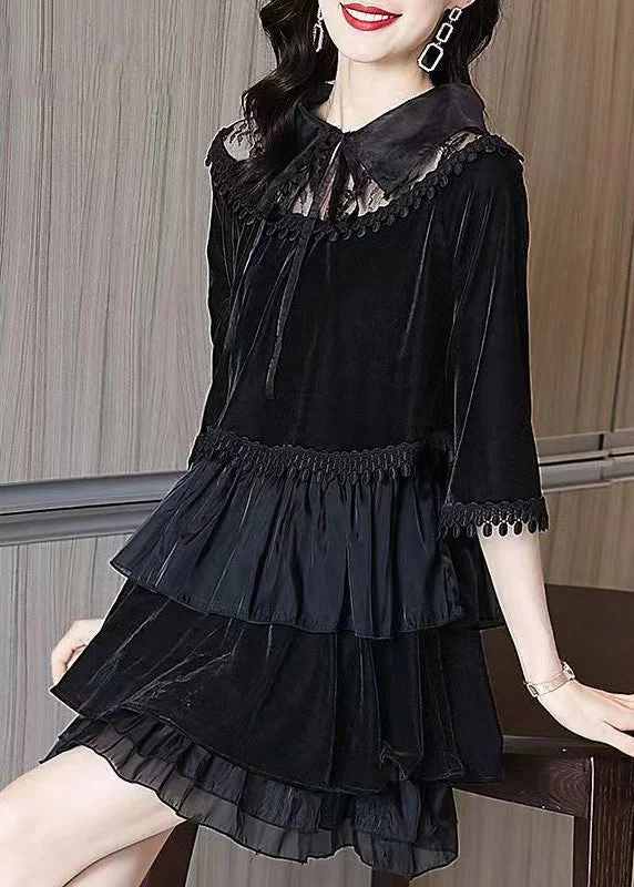 Season Sale Women Black Ruffled Tasseled Patchwork Velour Mid Dress Fall