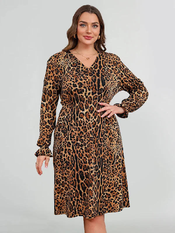 Attire Sale Plus Brown Leopard Print Satin V-Neck Ruffle Cuff Sleeve A-Line Midi Dress