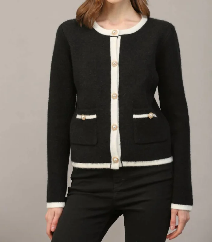 Discount Price Color Block Cardigan With Pearl Button In Black/cream