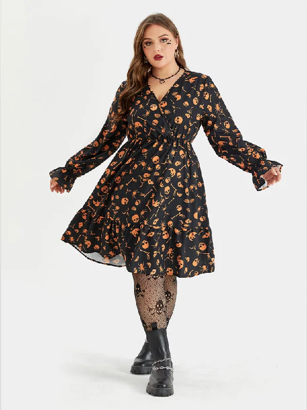 Women's Clothing Brands Halloween Skull Print Flounce Sleeve Pocket Midi Dress