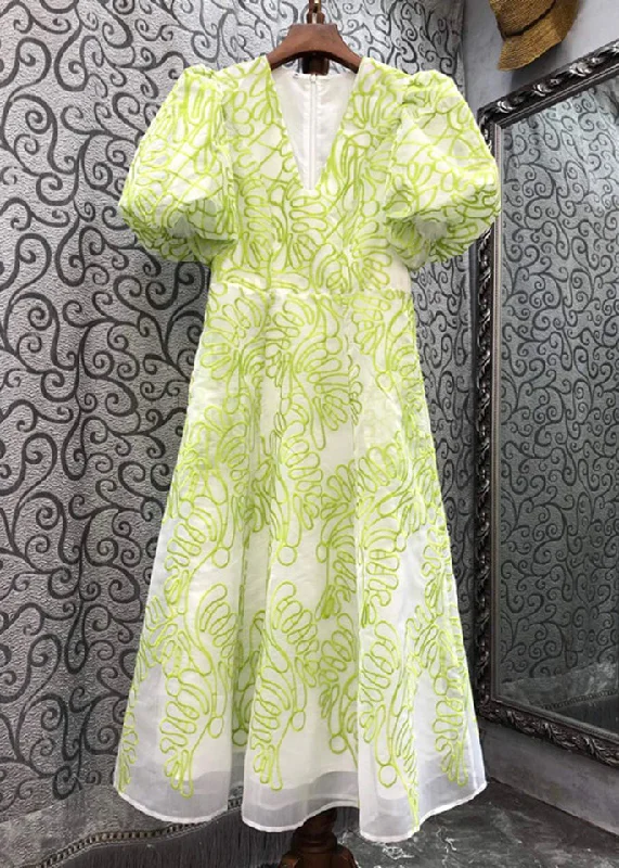 Catch Every Fashion Trend Women Green V Neck Embroidered Cotton Mid Dress Summer