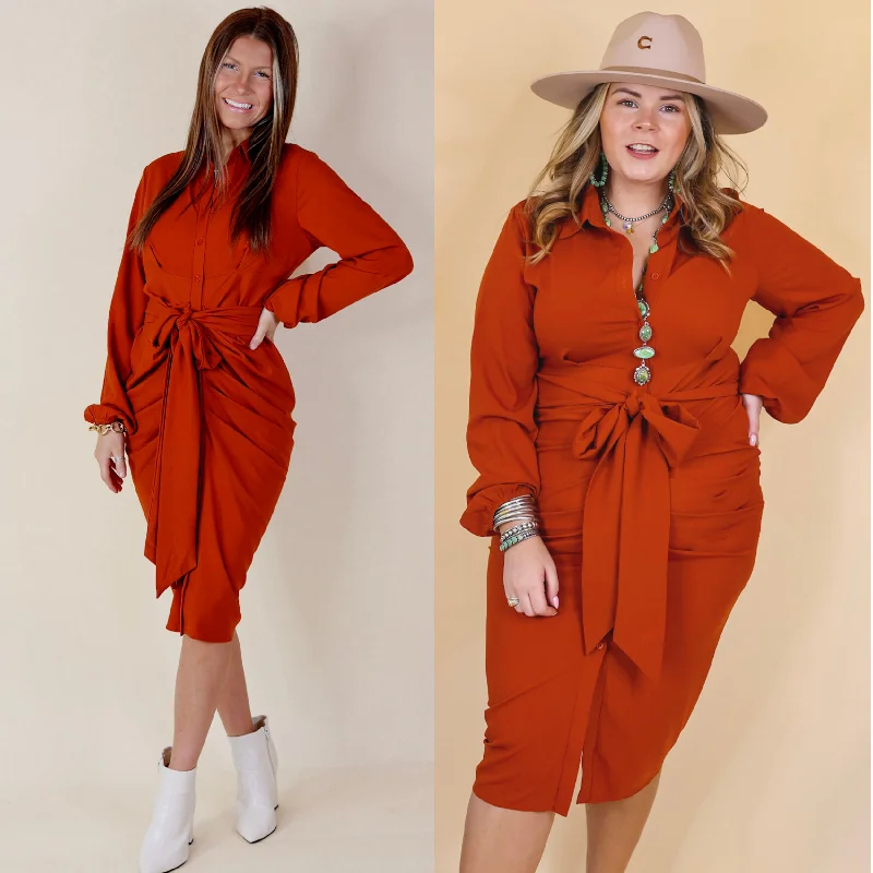 Trendy And Individual Women's Fashion Last Chance Size Small & Medium | Heart On The Line Button Up Ruched Front Midi Dress with Waist Tie in Rust Orange