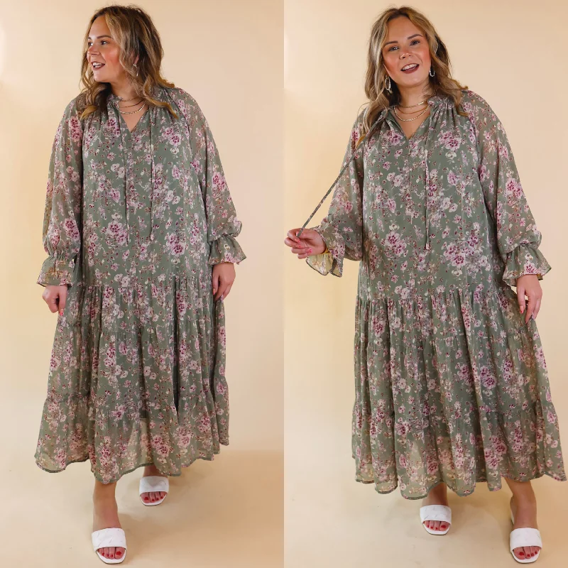 New Styles Just In Tuscan Nights Long Sleeve High Neck Floral Midi Dress in Sage