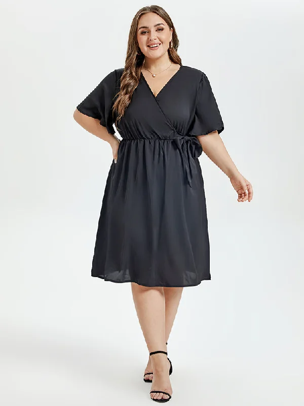 Winter Wardrobe Clearance Butterfly Sleeve Ruffle Hem Belted Midi Dress