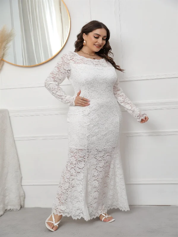 Chic And Comfortable KittenAlarm - Plus Size Long Sleeve Mermaid Lace Evening Dress HIGH ELASTIC TRUE TO SIZE