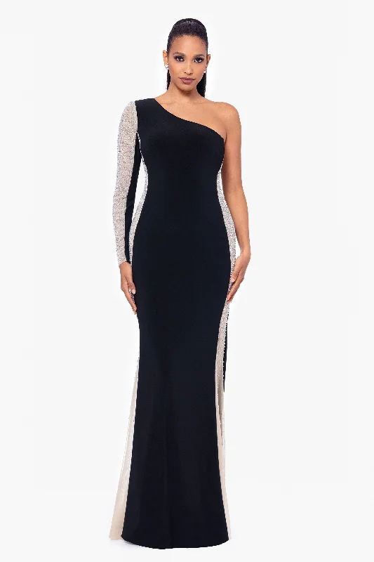 Online Shopping Boutiques "Dorthey" Long Caviar Beaded Jersey Knit One Shoulder Long Sleeve Dress