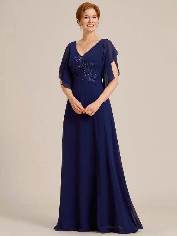 Latest Trends Yvonne | Half Sleeves Top Applique Decoration Chiffon Mother of the Bride Dress