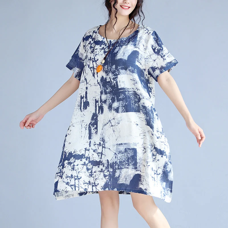 Clothing Online blue linen knee dress Loose fitting linen clothing dress fine prints o neck short sleeve linen dresses