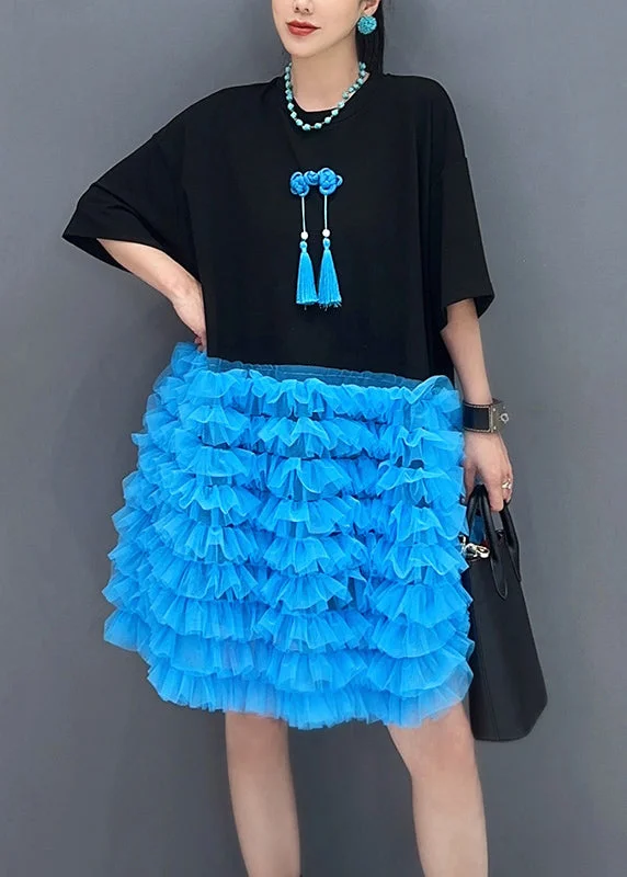 Flash Sale, Don't Miss Loose Black O Neck Tulle Patchwork T Shirt Dresses Summer