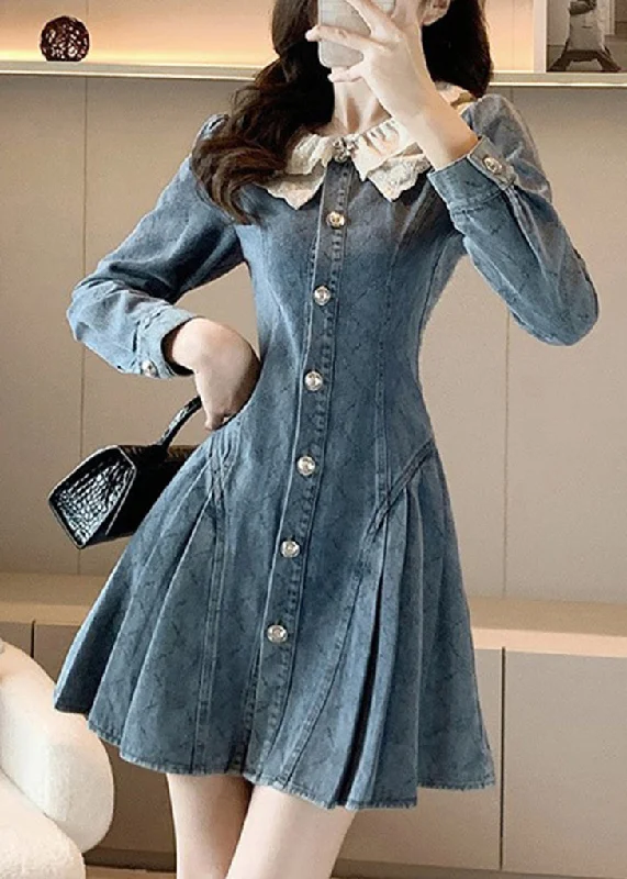 Boutique Dress Online Slim Fit Blue O-Neck Lace Patchwork Button Denim Mid Dress Long Sleeve