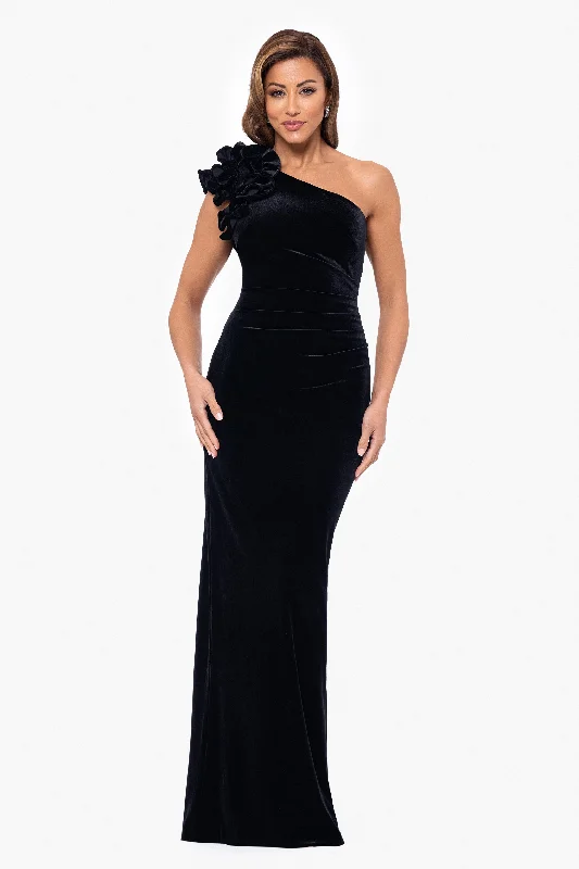 Stylish Statements "Connie" Long One Shoulder Ruffle Velvet Dress