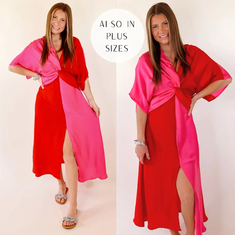 Trendy Street Style Attire Last Chance Size Small & Medium | Take My Breath Away Front Knot Color Block Midi Dress in Red and Pink