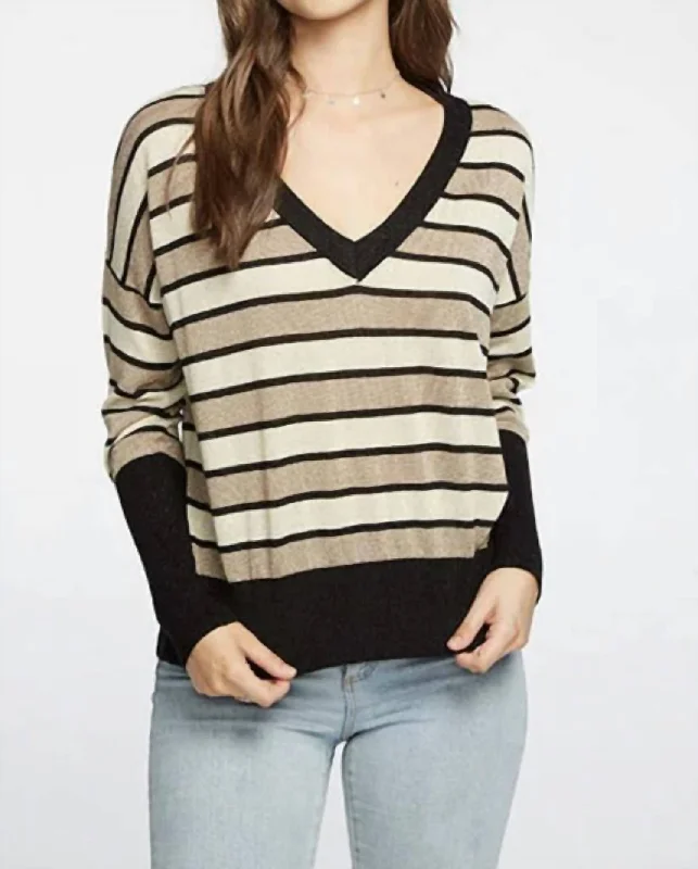 Everyday Basics Long Sleeve Striped V-Neck Sweater In Black & Gold Stripe