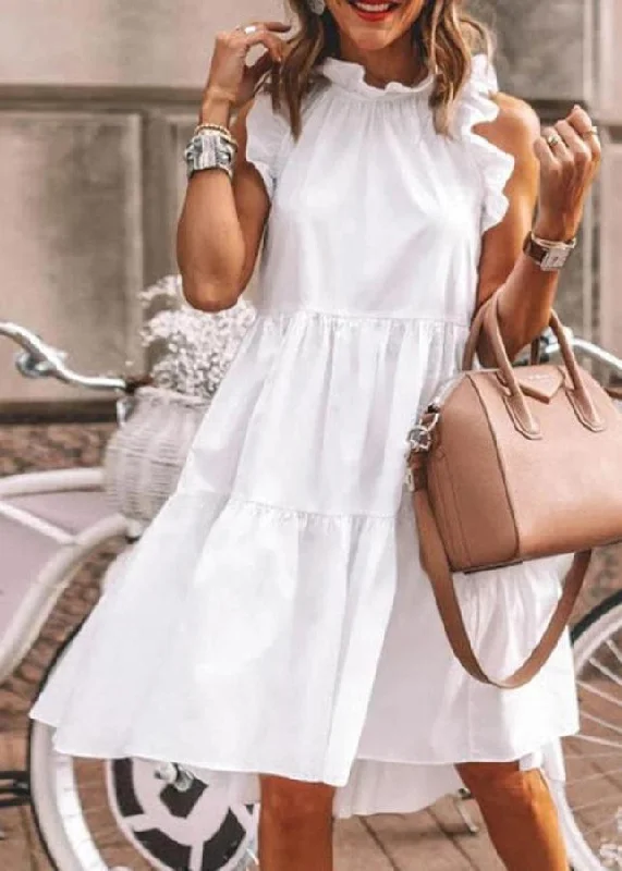 Trendsetting Threads New White Ruffled Solid Cotton Dress Sleeveless