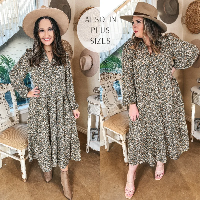 Sale Clothes Online Love Song Long Sleeve Floral Midi Dress in Green