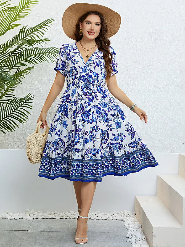 Chic Women's Clothing Plus Blue Floral Puff Sleeve Ruffle Hem Elastic Waist Midi Dress