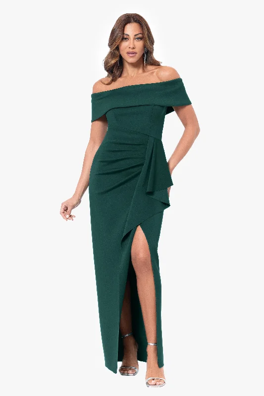 Durable Fashion Picks "Jenny" Long Scuba Off the Shoulder Rouched Dress