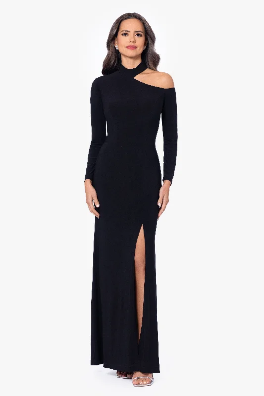 Season Appropriate Women's Collection Petite "Aletta" Jersey Knit Long Sleeve One Shoulder Cut Out Long Dress