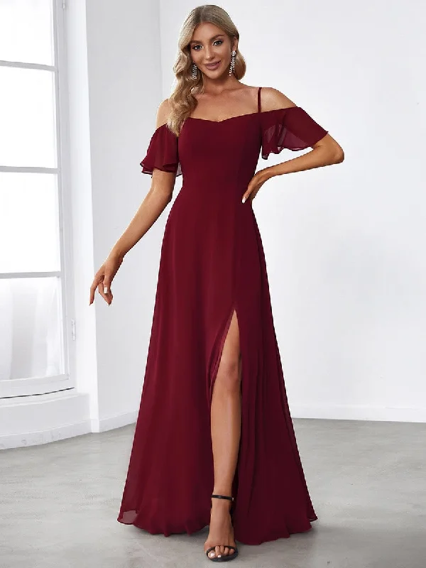 Unleash Your Fashion Cold Shoulder High Slit Chiffon Wedding Guest Dress