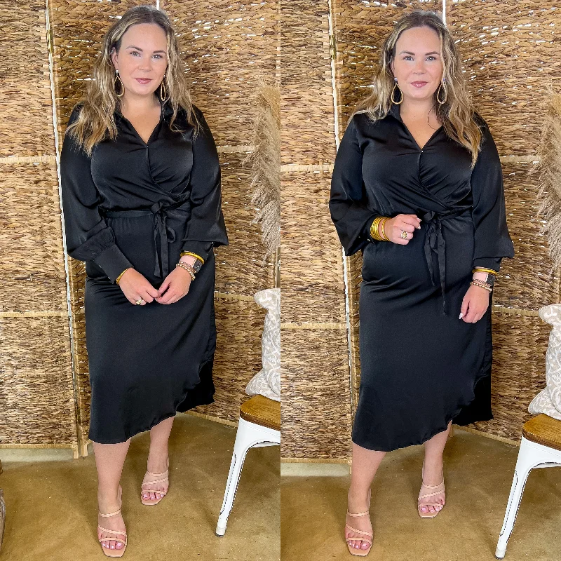 Special Offer Last Chance Size Small | Big Apple Mindset V Neck Satin Dress with Waist Tie in Black