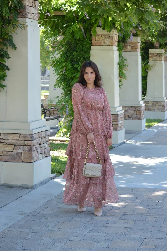 Clothing Online Bella Pink Floral Ruffled Maxi Dress