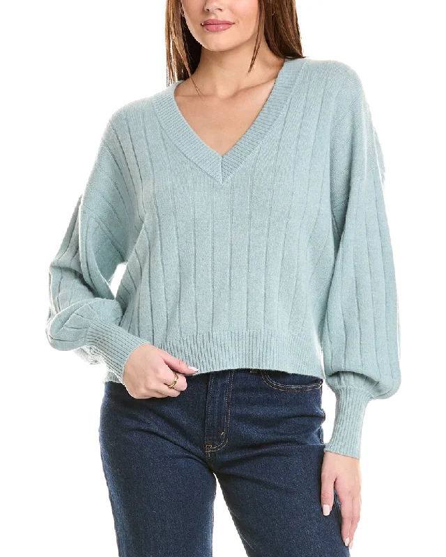 Fashion Sale 27 Miles Malibu womens  Ribbed V-Neck Lantern Sleeve Cashmere Sweater, m, Blue